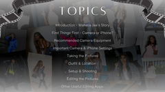 The chapters include introduction, Mahalia Jae's story, first things, first camera or iPhone?, Recommended camera equipment, important camera and iPhone settings, taking the pictures, outfit and location, setup and shooting, editing the pictures, other useful editing apps.